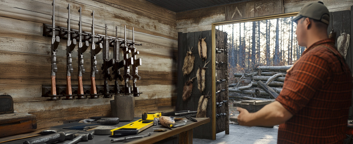 rifle-racks-wall-mounted-long-gun-220-lbs-load-adjustable-hunting-lodge-use