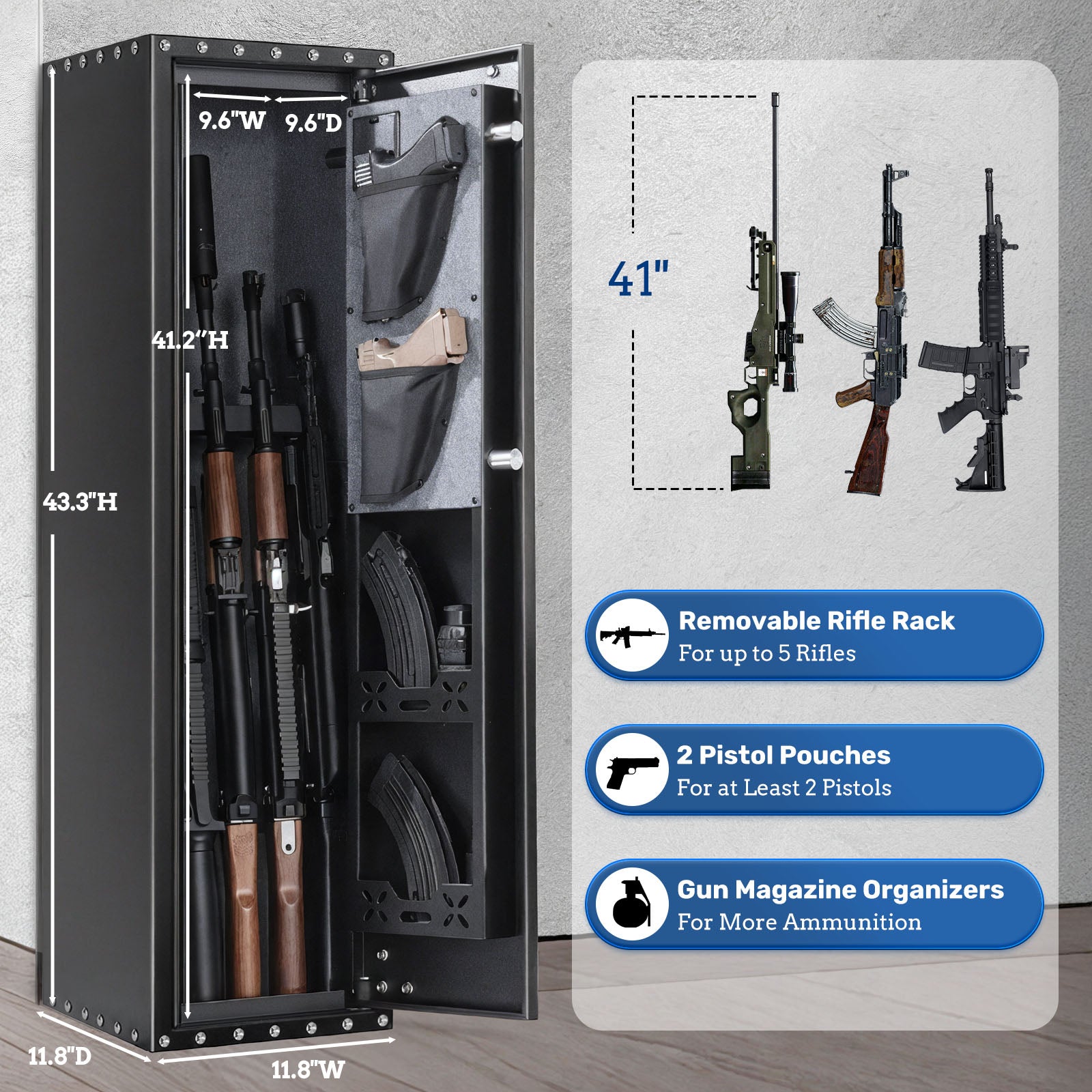 SF0104 Rifle Safe, Compact 5 Gun Cabinet Fingerprints - Blacksmith
