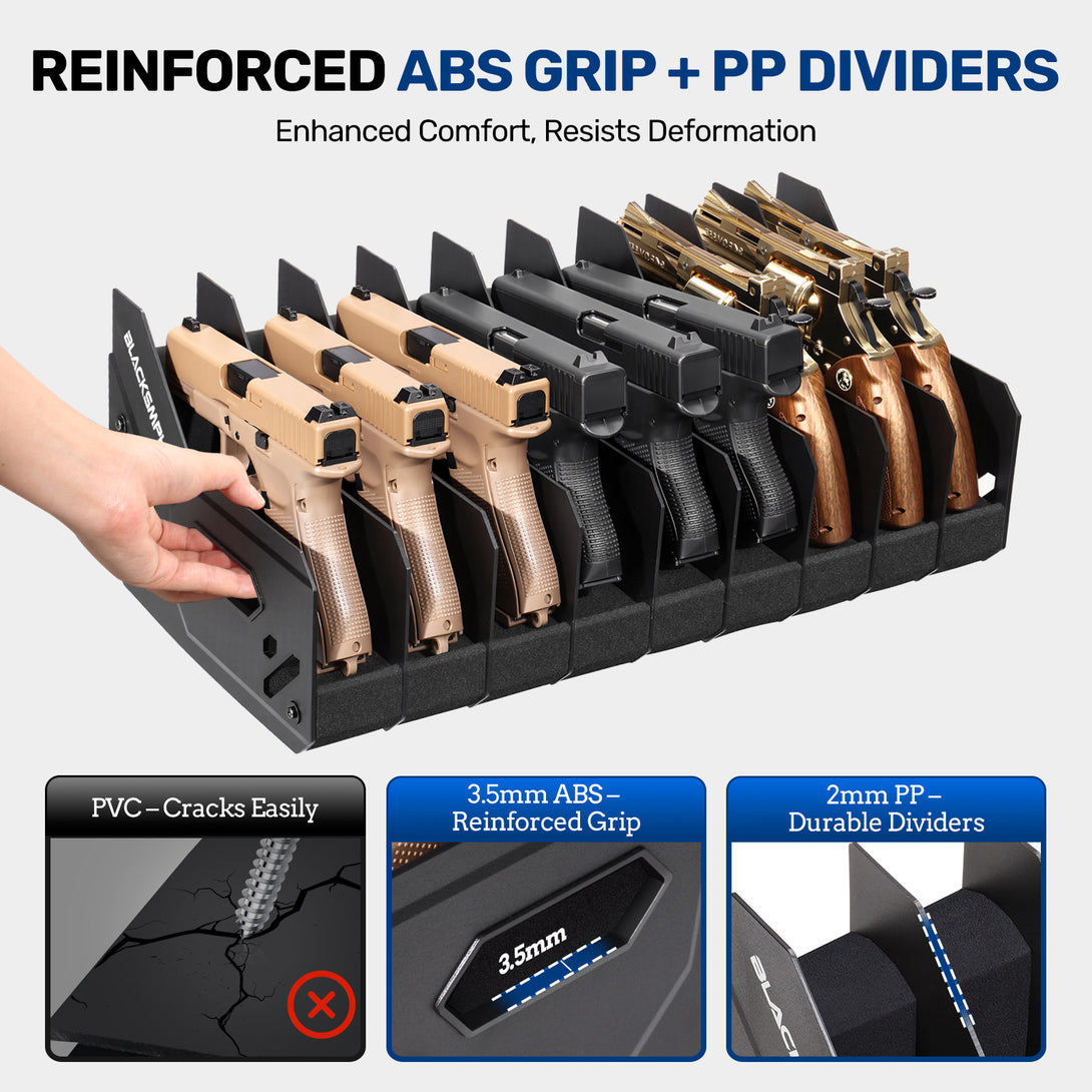 gm-series-pistol-rack-large-soft-foam-handgun-organizer-9-gun-reinforced-abs-grip-pp-dividers