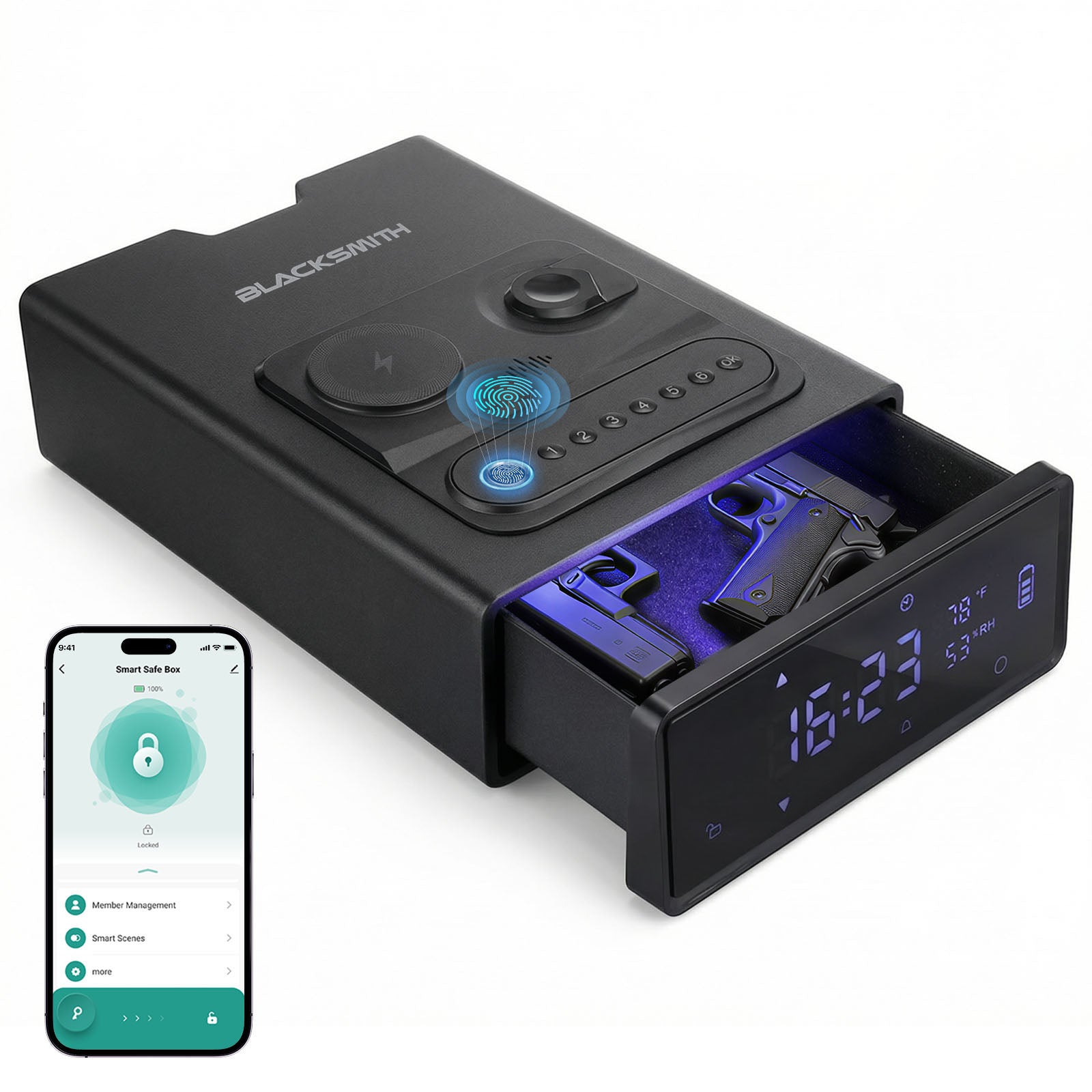 H18 Pistol Safe, Wireless Charging with Fingerprint - Blacksmith