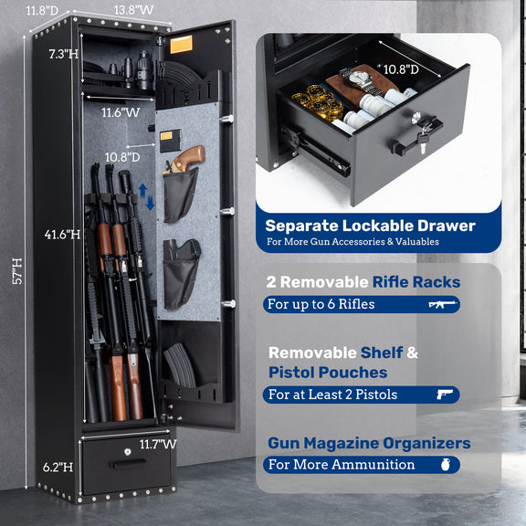 SE0105 Rifle Safe, 6 Long Gun Cabinet Keypad Separate Drawer – Blacksmith
