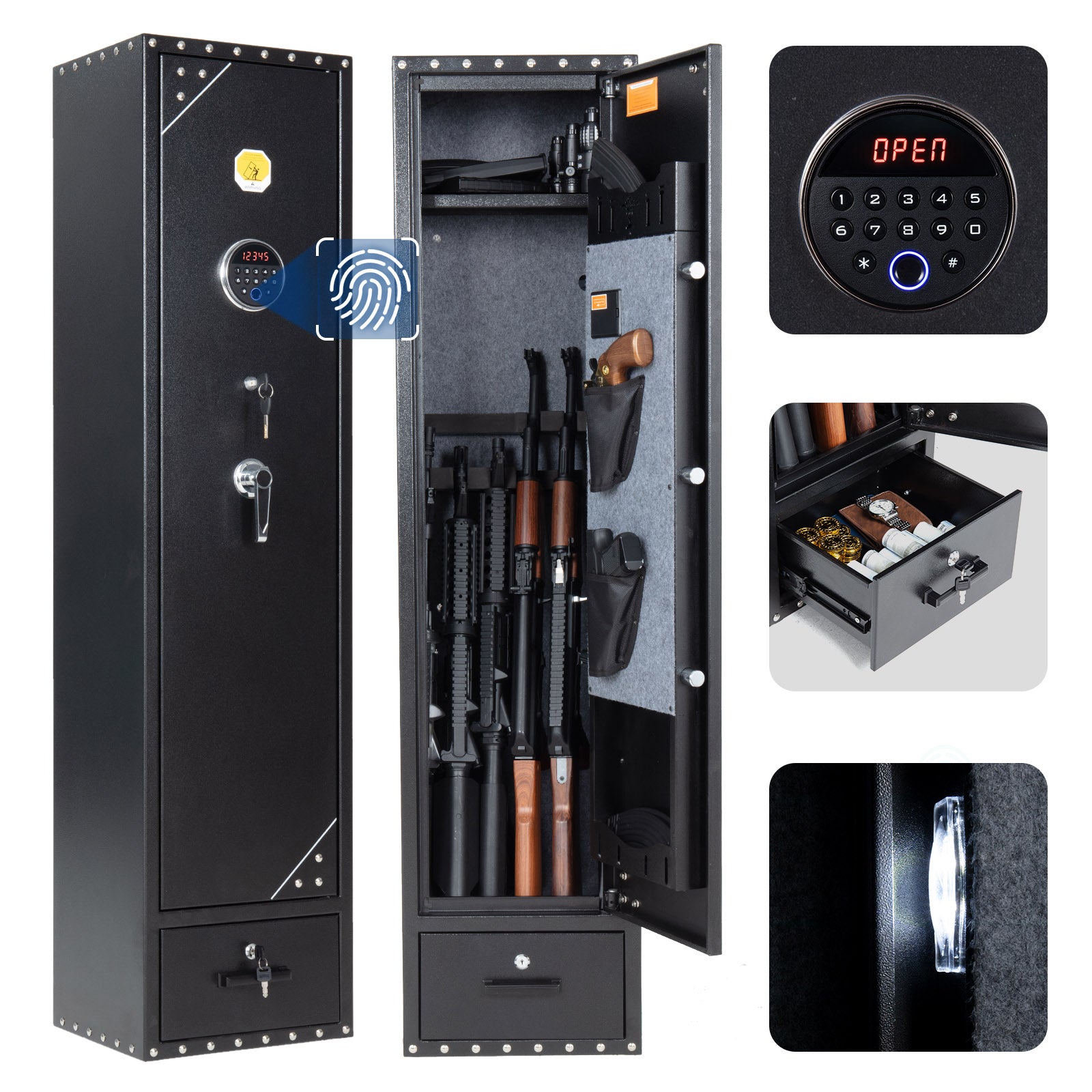 Standing 6 Rifle Safe Rifle Safe, 6 Long Gun Fingerprint Separate Drawer - Blacksmith