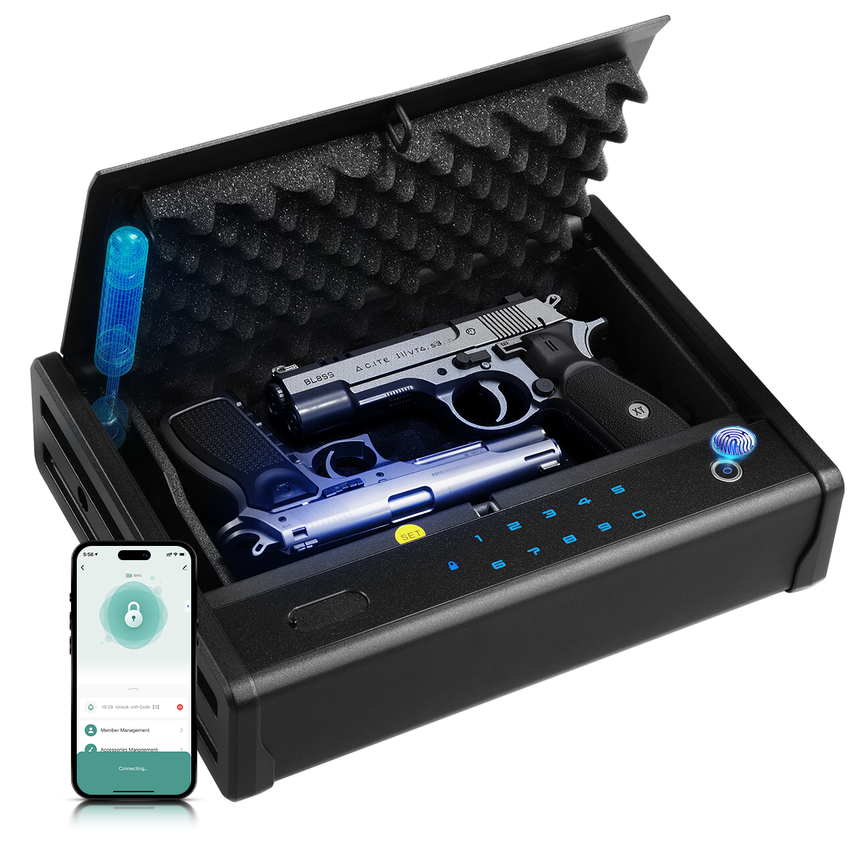 SF0201 Pro Pistols Safe, Bedside Gun Box APP Fingerprints