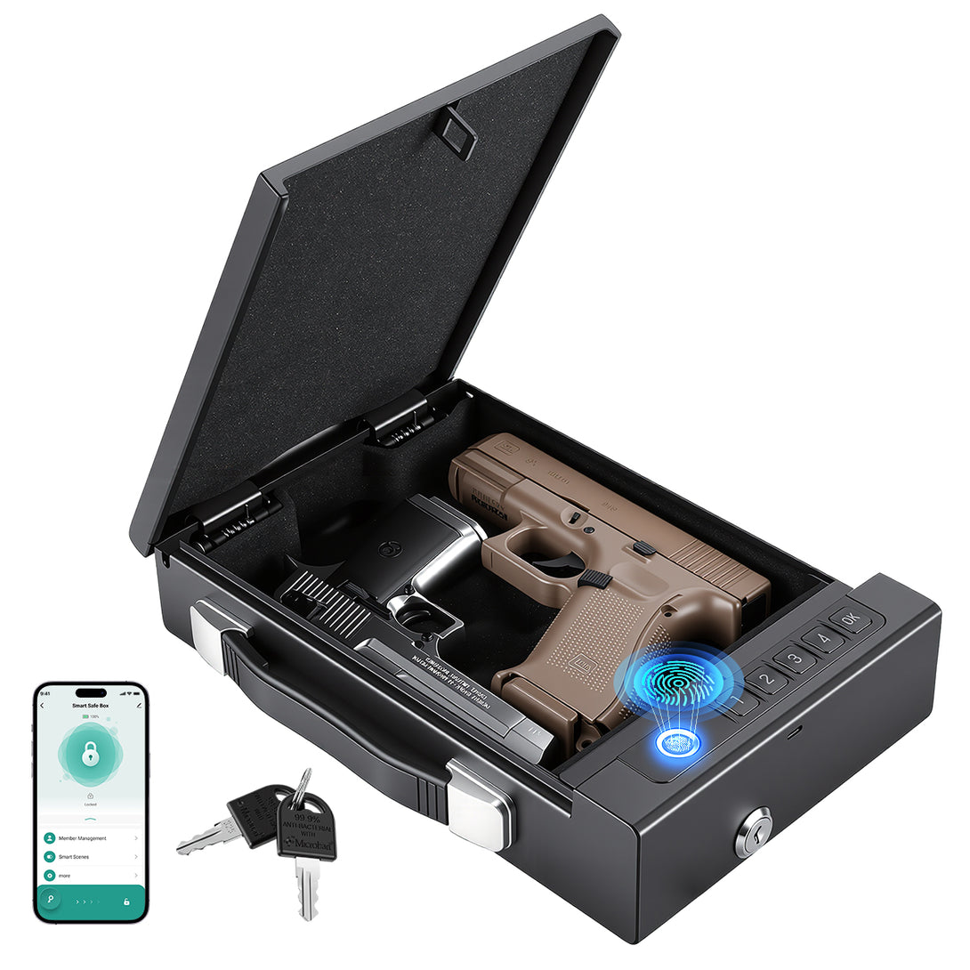 A biometric safe, metaphorically representing the multi-layered security of the Pistolo app, including fingerprint access and encryption.