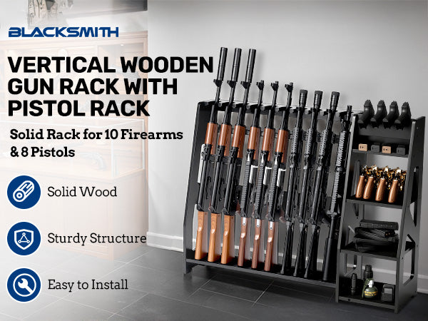 Gun Racks, 10 Rifle Floor Standing with Pistol Shelves - Blacksmith