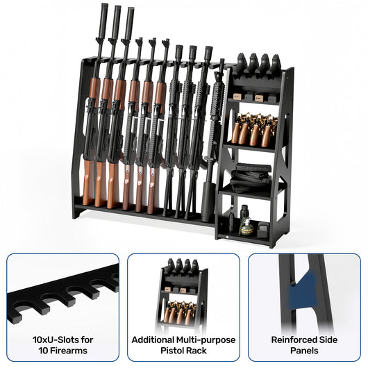 uwr-ma10-rifle-racks-10-long-gun-floor-standing-with-pistol-shelves-10-u-slots