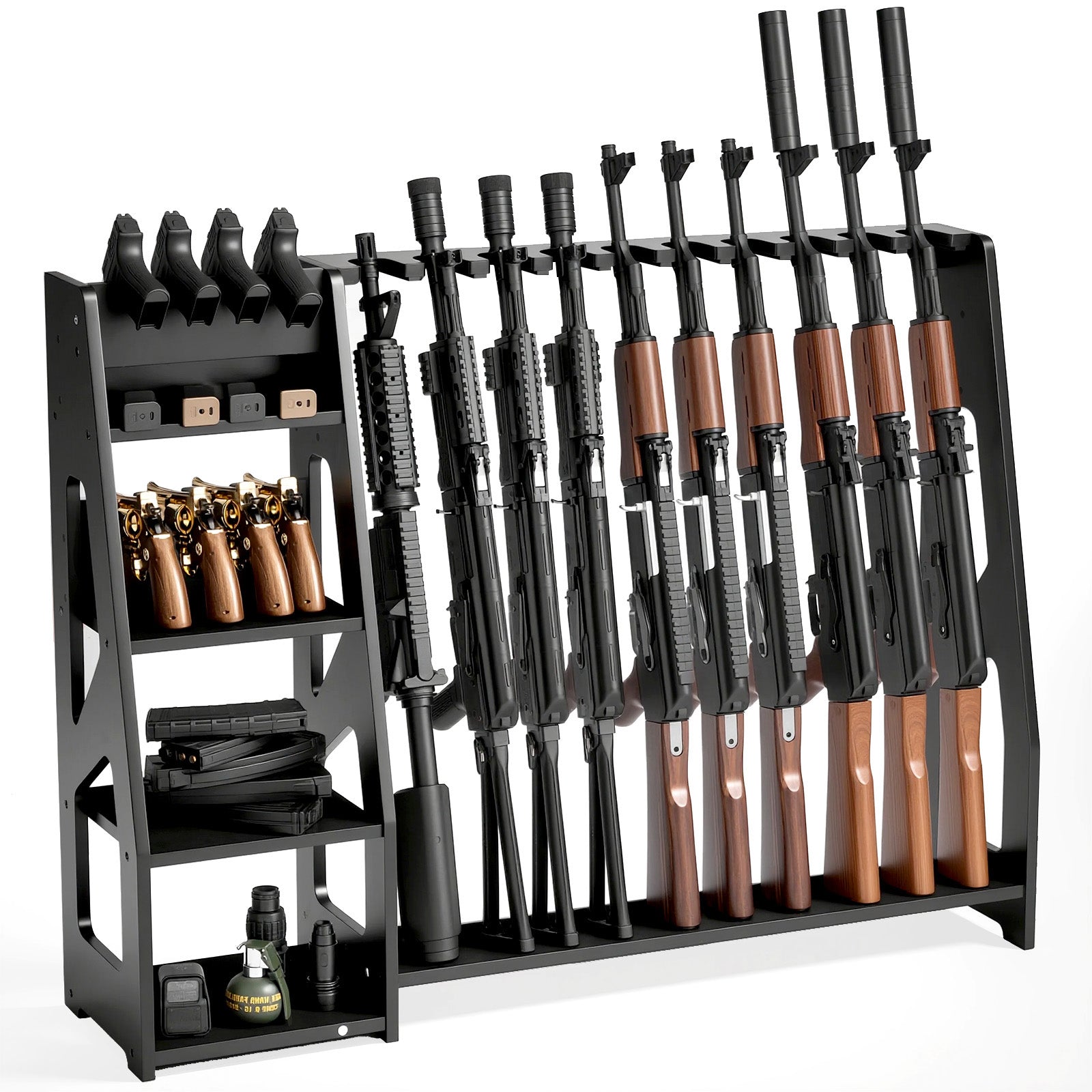 Gun Racks, 10 Rifle Floor Standing with Pistol Shelves - Blacksmith