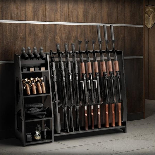 uwr-ma10-rifle-racks-10-long-gun-floor-standing-with-pistol-shelves-gun-collection-display-use