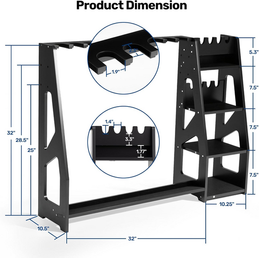 uwr-ma10-rifle-racks-10-long-gun-floor-standing-with-pistol-shelves-product-dimension